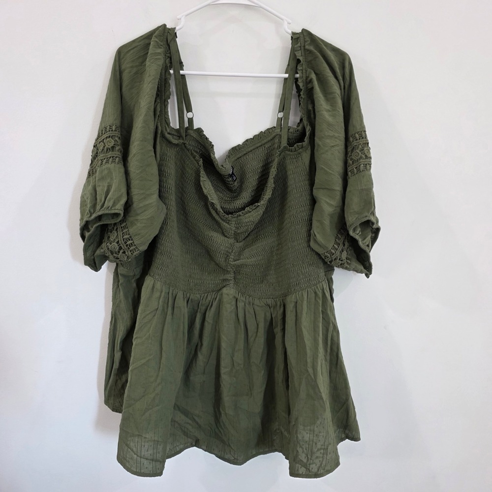 Torrid Women Top Size 6x Olive Green Smocked Swiss Dot Lace Boho Puff Sleeve